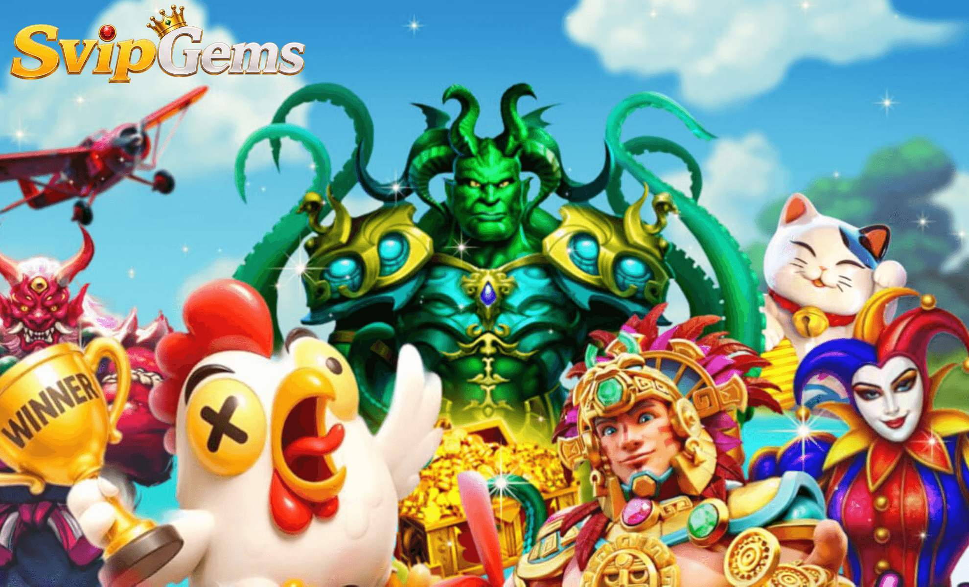 Svip Gems cabinet cast – Kraken figure, Fortune chicken, lucky cat, trophy, coin chest
